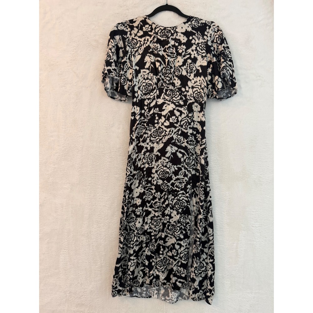 Topshop Women 2 Black White Floral Rose Empire Waist Flutter Sleeve Midi Dress